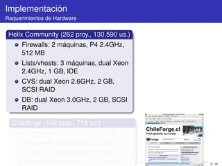 Implementación
Requerimientos de Hardware


 Helix Community (262 proy., 130.590 us.)
      Firewalls: 2 máquinas, P4 2.4GHz,
      512 MB
      Lists/vhosts: 3 máquinas, dual Xeon
      2.4GHz, 1 GB, IDE
      CVS: dual Xeon 2.6GHz, 2 GB,
      SCSI RAID
      DB: dual Xeon 3.0GHz, 2 GB, SCSI
      RAID

  Chileforge (156 proy., 713 us.)
       1 máquina P4 2.4GHz, 512 MB
       Respaldo manual en DVD, 60 GB
       HDD (IDE) dedicados al forge
       Además: muchos otros servicios       21 / 29
 