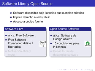 Software Libre y Open Source

       Software disponible bajo licencias que cumplen criterios
       Implica derecho a redistribuir
       Acceso a código fuente

 Software Libre                         Open Source Software

   a.k.a. Free Software                   a.k.a. Software de
   Free Software                          Código Abierto
   Foundation deﬁne 4                     10 condiciones para
   libertades                             la licencia
   Motivación ética y                     Buena forma de
   moral                                  desarrollar software




                                                                  5 / 29
 