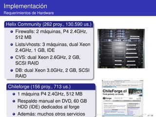 Implementación
Requerimientos de Hardware


 Helix Community (262 proy., 130.590 us.)
      Firewalls: 2 máquinas, P4 2.4GHz,
      512 MB
      Lists/vhosts: 3 máquinas, dual Xeon
      2.4GHz, 1 GB, IDE
      CVS: dual Xeon 2.6GHz, 2 GB,
      SCSI RAID
      DB: dual Xeon 3.0GHz, 2 GB, SCSI
      RAID

  Chileforge (156 proy., 713 us.)
       1 máquina P4 2.4GHz, 512 MB
       Respaldo manual en DVD, 60 GB
       HDD (IDE) dedicados al forge
       Además: muchos otros servicios       21 / 29
 