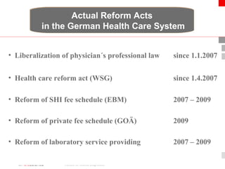 Actual Reform Acts 
in the German Health Care System 
• Liberalization of physician´s professional law since 1.1.2007 
• Health care reform act (WSG) since 1.4.2007 
• Reform of SHI fee schedule (EBM) 2007 – 2009 
• Reform of private fee schedule (GOÄ) 2009 
• Reform of laboratory service providing 2007 – 2009 
Institute for Medical Diagnostics Warsaw, 18. May 2007 
 
