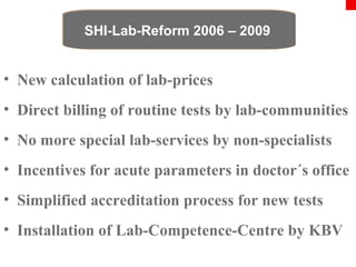SSHHII--LLaabb--RReeffoorrmm 22000066 –– 22000099 
• New calculation of lab-prices 
• Direct billing of routine tests by lab-communities 
• No more special lab-services by non-specialists 
• Incentives for acute parameters in doctor´s office 
• Simplified accreditation process for new tests 
• Installation of Lab-Competence-Centre by KBV 
Institute for Medical Diagnostics Warsaw, 18. May 2007 
 