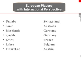European Players 
with International Perspective 
• Unilabs Switzerland 
• Sonic Australia 
• Bioscientia Germany 
• Synlab Germany 
• LMM France 
• Labco Belgium 
• FutureLab Austria 
Institute for Medical Diagnostics Warsaw, 18. May 2007 
 