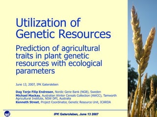 Cover slide Utilization of Genetic Resources Prediction of agricultural traits in plant genetic resources with ecological parameters June 13, 2007, IPK Gatersleben Dag Terje Filip Endresen , Nordic Gene Bank (NGB), Sweden Michael Mackay ,  Australian Winter Cereals Collection (AWCC), Tamworth Agricultural Institute , NSW DPI, Australia Kenneth Street , Project Coordinator, Genetic Resource Unit, ICARDA  