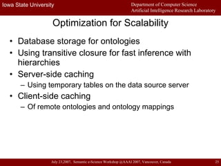Optimization for Scalability Database storage for ontologies Using transitive closure for fast inference with hierarchies Server-side caching Using temporary tables on the data source server Client-side caching  Of remote ontologies and ontology mappings 