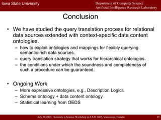 Conclusion We have studied the query translation process for relational data sources extended with context-specific data content ontologies. how to exploit ontologies and mappings for flexibly querying semantic-rich data sources. query translation strategy that works for hierarchical ontologies.  the conditions under which the soundness and completeness of such a procedure can be guaranteed. Ongoing Work More expressive ontologies, e.g., Description Logics Schema ontology + data content ontology Statistical learning from OEDS 