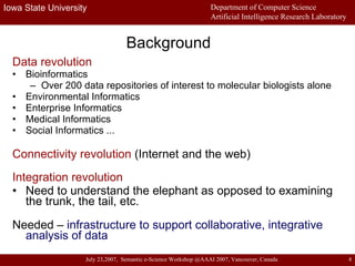 Background Data revolution Bioinformatics Over 200 data repositories of interest to molecular biologists alone Environmental Informatics Enterprise Informatics  Medical Informatics Social Informatics ... Connectivity revolution  (Internet and the web) Integration revolution   Need to understand the elephant as opposed to examining the trunk, the tail, etc. Needed –  infrastructure to support collaborative, integrative analysis of data 