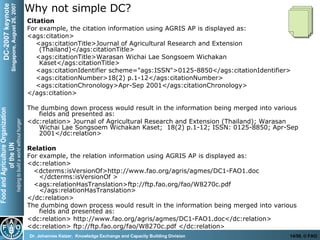 Why not simple DC? Citation For example, the citation information using AGRIS AP is displayed as:  <ags:citation> <ags:citationTitle>Journal of Agricultural Research and Extension (Thailand)</ags:citationTitle> <ags:citationTitle>Warasan Wichai Lae Songsoem Wichakan Kaset</ags:citationTitle> <ags:citationIdentifier scheme="ags:ISSN">0125-8850</ags:citationIdentifier> <ags:citationNumber>18(2) p.1-12</ags:citationNumber> <ags:citationChronology>Apr-Sep 2001</ags:citationChronology> </ags:citation> The dumbing down process would result in the information being merged into various fields and presented as:  <dc:relation> Journal of Agricultural Research and Extension (Thailand); Warasan Wichai Lae Songsoem Wichakan Kaset;  18(2) p.1-12; ISSN: 0125-8850; Apr-Sep 2001</dc:relation>  Relation For example, the relation information using AGRIS AP is displayed as:  <dc:relation> <dcterms:isVersionOf>http://www.fao.org/agris/agmes/DC1-FAO1.doc </dcterms:isVersionOf > <ags:relationHasTranslation>ftp://ftp.fao.org/fao/W8270c.pdf </ags:relationHasTranslation> </dc:relation> The dumbing down process would result in the information being merged into various fields and presented as:  <dc:relation> http://www.fao.org/agris/agmes/DC1-FAO1.doc</dc:relation>  <dc:relation> ftp://ftp.fao.org/fao/W8270c.pdf </dc:relation >   