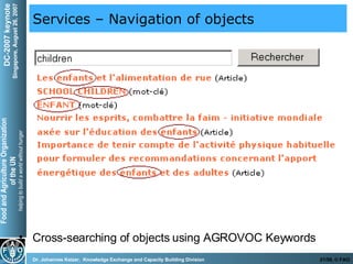Services – Navigation of objects Cross-searching of objects using AGROVOC Keywords 