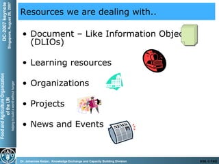 Resources we are dealing with..  Document – Like Information Objects (DLIOs)  Learning resources  Organizations Projects News and Events 
