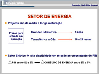 Senador Delcídio AmaralSenador Delcídio Amaral
SETOR DE ENERGIASETOR DE ENERGIA
Projetos são de média e longa maturaçãoPro...