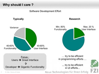 Why should I care ? 40-60% User Interface 40-60% Functionality Software Development Effort Variance Max. 20 % User Interface Min. 80% Functionality Focus : Users    Great Interface  Developer    Gigantic Functionality Typically Research … try to be efficient in programming efforts … ... try to be efficient in UI efforts... 