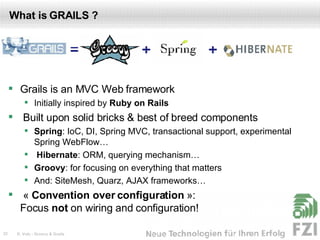 What is GRAILS ? Grails is an MVC Web framework Initially inspired by  Ruby on Rails Built upon solid bricks & best of breed components Spring : IoC, DI, Spring MVC, transactional support, experimental Spring WebFlow… Hibernate : ORM, querying mechanism… Groovy : for focusing on everything that matters And: SiteMesh, Quarz, AJAX frameworks… «  Convention over configuration  »:  Focus  not  on wiring and configuration! 