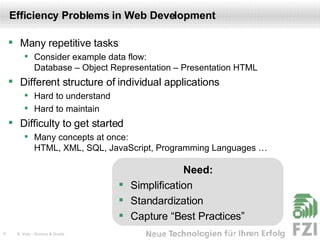 Efficiency Problems in Web Development Many repetitive tasks Consider example data flow:  Database – Object Representation – Presentation HTML Different structure of individual applications Hard to understand Hard to maintain Difficulty to get started Many concepts at once: HTML, XML, SQL, JavaScript, Programming Languages … Need: Simplification Standardization Capture “Best Practices” 