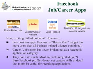 Facebook Job/Career Apps New, exciting, full of potential! However… Few business apps. Few users (“Booze Mail” widget has more users than all business-related widgets combined). Career / Job search isn’t even broken out as a Facebook application category. They don’t do much. Most not well integrated (yet?). Base Facebook profiles do not yet capture skills or detail that might be useful for recruiting applications. The UK's official graduate  careers website Find a Better Job Jobster Career  Network Jobs | Indeed 