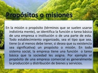 Propósitos o misionesEn la misión o propósito (términos que se suelen usarse indistinta mente), se identifica la función o tarea básica de una empresa o institución o de una parte de esta. Todo establecimiento organizado, sea el tipo que sea, tiene (o al menos debe tener, si desea que su existencia sea significativa) un propósito o misión. En todo sistema social, la empresa tiene una función  o tarea básica que la sociedad les asigna. Por ejemplo el propósito de una empresa comercial es generalmente la producción y distribución de bienes y servicios.