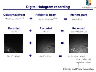 Digital Hologram recording CCD Object wavefront Reference Beam Interferogram + = Recorded Recorded Recorded + + = + = + = Intensity and Phase Information 