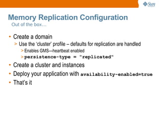 Memory Replication Configuration
Out of the box…

• Create a domain
> Use the ‘cluster’ profile – defaults for replication...