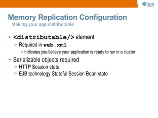 Memory Replication Configuration
Making your app distributable

• <distributable/> element
> Required in web.xml
> Indicat...