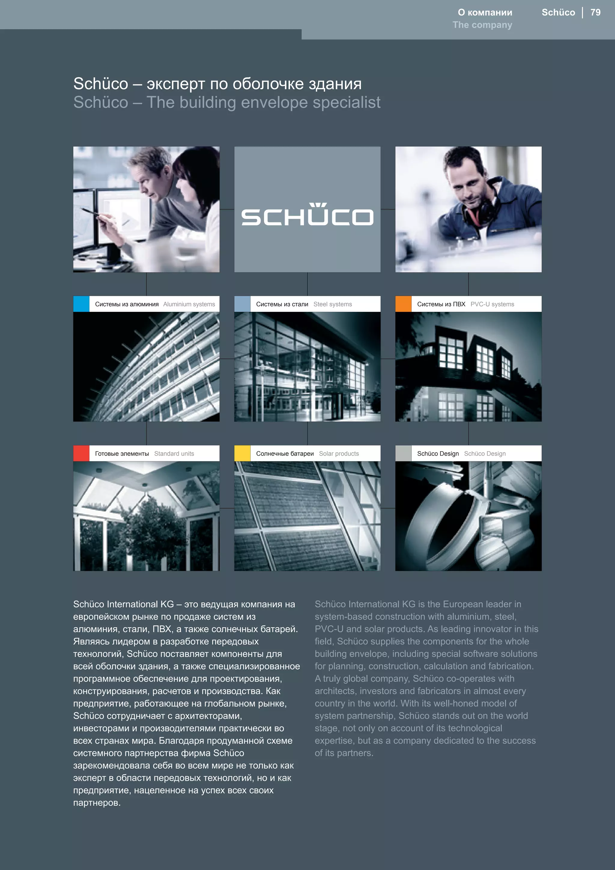 О компании             Schüco │ 79
                                                                                                 The company




Schüco – эксперт по оболочке здания
Schüco – The building envelope specialist




    Системы из алюминия Aluminium systems   Системы из стали Steel systems             Системы из ПВХ PVC-U systems




    Готовые элементы Standard units         Солнечные батареи Solar products           Schüco Design Schüco Design




Schüco International KG – это ведущая компания на             Schüco International KG is the European leader in
европейском рынке по продаже систем из                        system-based construction with aluminium, steel,
алюминия, стали, ПВХ, а также солнечных батарей.              PVC-U and solar products. As leading innovator in this
Являясь лидером в разработке передовых                        field, Schüco supplies the components for the whole
технологий, Schüсo поставляет компоненты для                  building envelope, including special software solutions
всей оболочки здания, а также специализированное              for planning, construction, calculation and fabrication.
программное обеспечение для проектирования,                   A truly global company, Schüco co-operates with
конструирования, расчетов и производства. Как                 architects, investors and fabricators in almost every
предприятие, работающее на глобальном рынке,                  country in the world. With its well-honed model of
Schüco сотрудничает с архитекторами,                          system partnership, Schüco stands out on the world
инвесторами и производителями практически во                  stage, not only on account of its technological
всех странах мира. Благодаря продуманной схеме                expertise, but as a company dedicated to the success
системного партнерства фирма Schüco                           of its partners.
зарекомендовала себя во всем мире не только как
эксперт в области передовых технологий, но и как
предприятие, нацеленное на успех всех своих
партнеров.
 