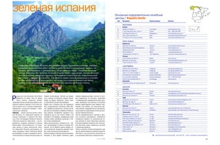 зеленая испания                                                                                                                       Основные оздоровительно лечебные
                                                                                                                                                   ~
                                                                                                                                      центры | Espana Verde
                                                                                                                                       Тип   Название                                Расположение               Контакт

                                                                                                                                             ASTURIAS
                                                                                                                                             Oviedo
                                                                                                                                       B     Caldas de Oviedo 1*                     Las Caldas                 www.balnearios.org
                                                                                                                                       S     H. Spa Hacienda de D. Juan 4*           Llanes                     Тел. + 985 225 462
                                                                                                                                       S     Hotel Spa Don Silvio 4*                 Ribadedeva                 www.hoteldonsilvio.com
                                                                                                                                       S     Gran Hotel Jovellanos 4*                Gijón                      www.granhoteljovellanos.com
                                                                                                                                       S     H. Palacio de la Llorera Golf Spa       Gijón                      www.palaciodelallorea.com

                                                                                                                                             PAIS VASCO
                                                                                                                                             Guipúzcoa
                                                                                                                                       B     Balneario de Cestona                    Cestona                    www.balneariocestona.com
                                                                                                                                       S     Hotel Restaurante Karlos Arguiñano      Zarutz                     www.hotelka.com
                                                                                                                                       T     Talasoterapia Zelai                     Zumaia                     www.talasozelai.com
                                                                                                                                       T     Hotel Kresala 3*                        Deba                       www.grupoalessa.com
                                                                                                                                       T      Talasoterapia La Perla 4*              San Sebastian              www.dormirenbalnearios.com
                                                                                                                                             Vizcaya
                                                                                                                                       S     Husa Jardines de Albia 4*               Bilbao                     www.husa.es
                                                                                                                                       B     Balneario de Carranza                   Carranza                   www.balneariodecarranza.com
                                                                                                                                       T      Hotel Emperatriz Zita 3*               Lekeito                    www.grupoalessa.com

        Северное побережье Испании, омываемое водами Бискайского залива, нередко                                                             CANTABRIA
        называют воплощением всего зеленого: живописные луга, цветущие поляны, со                                                      В     Posada Termal del Sauce                 Liérganes                  www.grupocastelar.com
        сновые, эвкалиптовые и дубовые леса, национальные парки, покрытые зеленью                                                      B     Balneario de Liérganes                  Liérganés                  www.grupocastelar.com
        горные массивы. Это Зеленая Испания (España Verde), куда входят четыре автоном                                                 B     Gran H. B. Puente Viesgo 4*             Puente Viesgo              www.gruporhin.com
                                                                                                                                       B     Hotel Balneario de Alceda 3*            Alceda (Ontaneda)          www.balneariodealceda.com
        ных сообщества: чарующая Астурия, легендарная Страна Басков, очаровательная
                                                                                                                                       B     B. Las Caldas de Besaya                 Caldas de Besaya           Тел. + 942 819 238
        Кантабрия и загадочная Галисия. Эти области имеют схожие природные и климати                                                   S     Hotel Husa Torresport Spa 4*            Torrelavega                www.husa.es
        ческие особенности, и около десяти лет назад они создали совместный бренд                                                            Santander
        España Verde для продвижения экологического туризма на севере страны.                                                          T     Hotel Real Centro de talassterapia 5*   Santander                  www.hotelreal.es

                                                                                                                                             GALICIA
                                                                                                                                             A Coruña
                                                                                                                                       B     Balneario Arteixo 2*                    Arteixo                    www.balnearios.org
                                                                                                                                       B     Hotel Balneario de Compostela           Brión                      www.agalicia.com/balneariodecompostela/index.htm
                                                                                                                                       B     Balneario de Carballo 2*                Carballo                   www.balneariodecarballo.com


Р
      аньше до этих регионов легче было     севере полуострова), Лагунас де Карре        первые термальные бани, многие из кото
      добраться по морю. Путь по земле      галь и Вишан (А Корунья), Байша Лимиа        рых сохранились по сей день, соседствуя             Lugo
      через горные, покрытые лесами         Серра ду Шурес (Оуренсе), Ислас Сиес,        с современными оздоровительными цент          B     Hesperia B. de Guitiriz 4*              Guitiriz                   www.hesperia balneariodeguitiriz.com
труднодоступные внутренние районы ока       а также Монте Алойа (Понтеведра).            рами. Целебная сила местных источников        B     Balneario de Lugo 3*                    Lugo                       www.balneariodelugo.com
зывался намного труднее. И это стало од     Кроме того, в Галисии есть три природных     давала заряд бодрости еще первым посе         B     Hotel Balneario Río Pambre 3*           Palas de Rei               www.balnearioriopambre.com
ной из причин того, что здесь сохранилась   зоны национального значения: Кабо Вил        ленцам этих земель. По количеству вел               Ourense
прекрасная, нетронутая природа с заме       лан, Кумбре де Куротинья и Эстака де Ба      несс отелей и оздоровительных центров Га      B     Balneario de Lobios 4*                  Lobios                     www.balneatermal.com/vtlobios.htm
чательным климатом.                         рес. Все они находятся в районе А Корунья.   лиция заметно превосходит остальные про       B     Gran Balneario de Carballino            Carballino                 www.turispain.com/idioma/es/id/750/ficha.asp
Галисия – самый крупный регион Зеле         Под охраной государства находятся пять       винции Зеленой Испании.                             Pontevedra
ной Испании. Ее территория делится на       природных зон (в том числе О Г  рове и Ла    Сектор оздоровительного туризма в Гали        B     Balneario de Cuntis 4* y 3*             Cuntis                     www.termascuntis sl.es
четыре провинции: А Корунья (Ла Кору        Лансада в Понтеведре, прибрежные воды        сии постоянно расширяется, появляются         B     Hesperia Isla de La Toja 4*             La Toja                    www.termascuntis sl.es
нья), Луго, Понтеведра и Оуренсе. Именно    которых имеют целебные свойства), а так      интересные проекты по строительству но        B     Gran Hotel Hesperia La Toja 5*          La Toja                    www.granhotelhsperia latoja.com
в Галисии находится «край света» – так пе   же четыре заповедника.                       вых центров по всей территории региона.       B     Hotel M. Balneario Mondariz 4*          Mondariz                   www.solmelia.com
реводится название рыбацкого поселка        Здесь множество рек, главная из них – Ми     В скором времени откроются для посетите       T     Hotel SPA Talaso Atlántico 4*           O Grove                    www.abalnearios.com
Финистерре, расположенного на уходя         ньо, протекающая по трем из четырех про      лей несколько новых термальных центров        S     Hotel Augusta Termal Resort 4*S         Sanxenxo                   www.infohostal.com
щем далеко в море каменистом мысу.          винций. На ее берегах можно увидеть ос       в провинции Оуренсе.                          S     Hotel Carlos I 4*                       Sanxenxo                   www.galinor.es/hotelcarlos1
На территории Галисии расположено че        татки крепостей, романских церквей, часо     Сейчас в Галисии 20 бальнеокурортов, два      S     Hotel Galatea                           Sanxenxo                   www.hotelgalatea.com
тыре природных парка: Комплешо Дунар        вен, многочисленные виноградники…            центра талассотерапии (в общей сложности      T     Hotel Louxo La Toja 4*                  O Grove                    www.louxolatoja.com
де Коррубедо (откуда открывается восхи      Галисия издавна славится своими термами.     340 мест) и три гостиничных комплекса со
тительный вид на самую высокую дюну на      Римляне в свое время построили здесь         спа центрами (518 мест в совокупности).                                                          B – бальнеологические центры; S – спа отели; Т – отели с центрами талассотерапии.

22                                                                                                                   СЕНТЯБРЬ. 2007                                                                                                                                     23
 