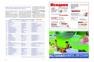 тей. В воде, которая используется в этом оте
Недавно в Жероне открылся термальный центр Santa Coloma                                         ле, концентрация йода в десять раз превы
de Farners c водной поверхностью почти 900 кв. м.                                               шает среднестатистическую концентрацию
                                                                                                йода в морской воде.
                                                                                                В 6 км от побережья Коста Дорада располо
ровительного центра Spa Estival, где, поми       шафт рыбацкого поселения Сан Сальвадор,        жилось небольшое поселение Монтбрьо
мо прочего, предлагаются и модные wine           которое, по сути, уже стало частью курорта.    дель Камп, с давних времен известное сво
spa процедуры.                                   Когда то на месте отеля был санаторий Сант     ими целебными термами.
Выделяется Hotel Ra Beach Thalasso SPA 5*,       Джоан де Деу, построенный в 1929 г. под па     С каждым годом растет количество россиян,
открывшийся в 2003 г. в местечке Вендрель        тронатом короля Испании Альфонсо XIII для      выбирающих Каталонию для путешествия за
(El Vendrell). Построенное в мавританском        детей с заболеваниями органов дыхания.         здоровьем. Все бальнеологические курорты
стиле историческое здание длиной 300 м           Но и теперь в отеле работает детский сад, ус   Каталонии можно найти на сайте http:
прекрасно вписано в окружающий ланд              траивают специальные программы для де          //www.gencat.net/turistex_nou/home_ang.htm.


               Основные оздоровительно лечебные центры | CATALUÑA
     Тип   Название                                        Расположение                     Контакт

           Barcelona
     B     Hotel Vila de Caldes 4*                         Caldes de Montbuí                www.grupbroquetas.com
     B     Titus                                           Arenys de Mar                    www.siresa.com
     B     Caldes de Estrac                                Caldes de Estrac                 www.publintur.es/caldes/balneari.htm
     B     Forns                                           Caldes de Montbuí                Тел. + 938 650 150, + 938 652 550
     B     Blancafort                                      La Garriga                       www.balnearioblancafort,com
     B     Termas Victoria 3*                              Caldes de Montbuí                www.termesvictoria.com
     B     H. Balneario de Broquetas 3*                    Caldes de Montbuí                www.grupbroquetas.com
     B     Hotel Termes La Garriga 4*                      La Garriga                       www.termes.com
     B     Balneari Codina Hotel Aloha 3*                  Tona                             www.balneariocodina.com
     S     Hotel Barceló Barcelona Golf 4*                 St. Esteve Sesrovires            www.barcelo.com
     S     Hotel Ciutat de Granollers 4*                   Granollers                       www.hotelciutat.com
     S     Hotel Senator Barcelona 4*                      Barcelona                        www.playasenator.com
     T     Hotel Colón Resort & Spa 4*                     Caldes d’Estrac

           Girona
     S     Hotel Blaucel 4*                                Blanes                           www.blaucelblanes.com
     B     Vichi Catalan                                   Caldes de Malavella              www.balneariovichycatalan.com
     S     Hotel Blaumar 3*                                Blanes                           www.blaucelblanes.com
     B     Balneario Prats 3*                              C. de Malavella                  www.balneariprats.com
     B     Balneari Termes Orión 3*                        Sta Coloma Farners               www.balneari termas orion.com
     S     G, Hotel Guitart Monterrey 4*                                                    www.guitarhotels.com
     S     Curhotel Hipócrates 4*                          St. Feliu de Guíxols             www.hipocratescurhotel.com
     S     B. Western G. H. Reymar 4*                      Tossa de Mar                     www.ghreymar.com

           Lleida
     S     Hotel Acevi Val d’Aran 4*                       Vielha                           www.bookingsacevivaldaran.lodging in spain.com
     B     Estation termal y de Nontana de Caldes de Boí   Caldaes de Boi                   Тел. + 973 692 210, + 973 696 220
     S     Hotel Vilagorós 4*                              Garós Val d’Aran                 www.hvsl.es
     S     Hotel El Castell de Ciutat 4*                   La Seu d’Urgell                  www.hotelcastell.com
     S     Parador de Vielha 4*                            Viella                           www.tagzania.com/item/18294

           Tarragona
     B     Hotel Termes Montbrió 4*                        Montbrió del Camp                www.rocblanchotels.com
     B     H. B. de Vallfogona de Riucorb 3*               Vallfogona de Riucorb            www.balneario.org
     S     Golf Hotel F&G la Figuerola 4*                  Vandellós                        lafiguerola.fghotels.com
     T     Hotel Ra Beach Thalasso Spa 5*                  El Vendrell                      www.hotelra.com
     S     Hotel Mas Passamaner 4*                         La Selva del Camp                www.maspassamaner.com
     S     C. Hotelero Estival Park Salou 4*               Platja de La Pineda              www.estivalpark.es
     S     Regina Gran Hotel 4*                            Salou                            www.1001tours.net/hotels/142/5566_1.shtml
     S     Hotel Regina 4*                                 Vallfogona de Riucorb            www.reginahotel.com
     S     Parador de Arties 4*                            Vielha, Lleida                   protourism.com.ua/hotel/Spain/Catalonia/
                                                                                            Parador_De_Arties

                                                           B – бальнеологические центры; S – спа отели; T – отели с центрами талассотерапии



10                                                                                                                             СЕНТЯБРЬ. 2007
 