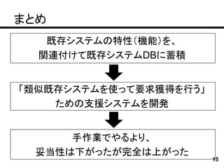 まとめ
   既存システムの特性（機能）を、
  関連付けて既存システムDBに蓄積


「類似既存システムを使って要求獲得を行う」
    ための支援システムを開発


     手作業でやるより、
 妥当性は下がったが完全は上がった
                        15
 