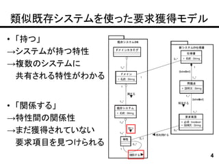 類似既存システムを使った要求獲得モデル
• 「持つ」
→システムが持つ特性
→複数のシステムに
  共有される特性がわかる


• 「関係する」
→特性間の関係性
→まだ獲得されていない
  要求項目を見つけられる
                      4
 