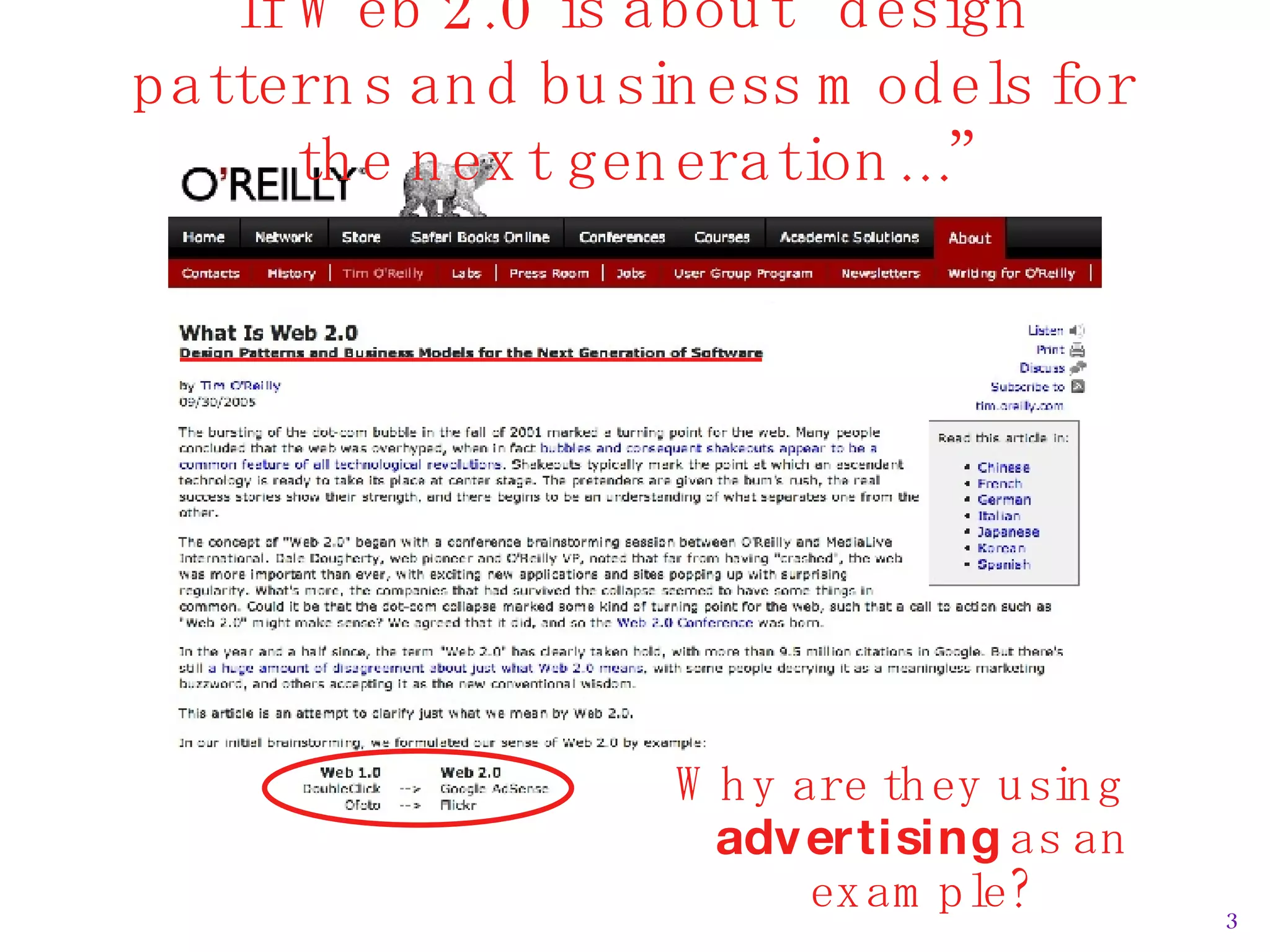 If Web 2.0 is about “design patterns and business models for the next generation…” Why are they using  advertising  as an example? 