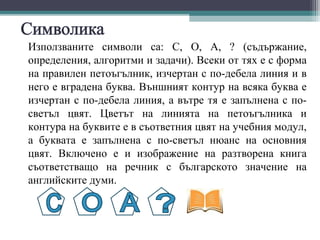 Използваните символи са: С, О, А, ? (съдържание,
определения, алгоритми и задачи). Всеки от тях е с форма
на правилен петоъгълник, изчертан с по-дебела линия и в
него е вградена буква. Външният контур на всяка буква е
изчертан с по-дебела линия, а вътре тя е запълнена с по-
светъл цвят. Цветът на линията на петоъгълника и
контура на буквите е в съответния цвят на учебния модул,
а буквата е запълнена с по-светъл нюанс на основния
цвят. Включено е и изображение на разтворена книга
съответстващо на речник с българското значение на
английските думи.
 