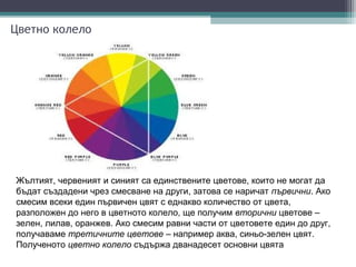 Цветно колело




Жълтият, червеният и синият са единствените цветове, които не могат да
бъдат създадени чрез смесване на други, затова се наричат първични. Ако
смесим всеки един първичен цвят с еднакво количество от цвета,
разположен до него в цветното колело, ще получим вторични цветове –
зелен, лилав, оранжев. Ако смесим равни части от цветовете един до друг,
получаваме третичните цветове – например аква, синьо-зелен цвят.
Полученото цветно колело съдържа дванадесет основни цвята
 