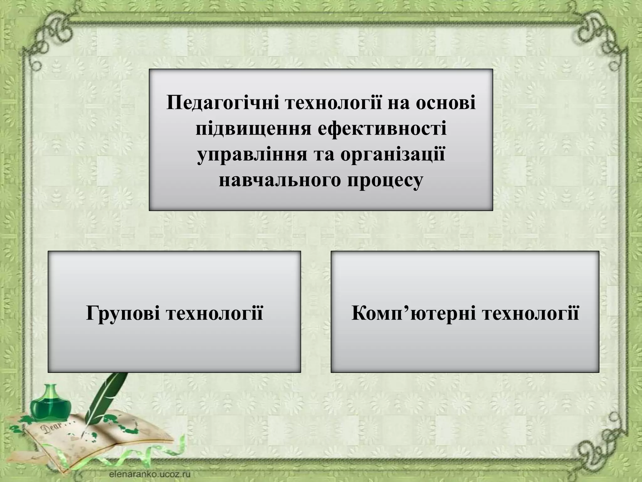 Педагогічні технології на основі
підвищення ефективності
управління та організації
навчального процесу
Комп’ютерні технологіїГрупові технології
 