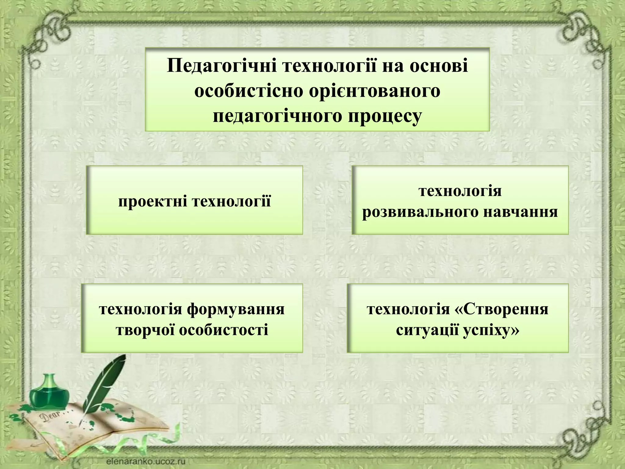 Педагогічні технології на основі
особистісно орієнтованого
педагогічного процесу
технологія
розвивального навчання
проектні технології
технологія формування
творчої особистості
технологія «Створення
ситуації успіху»
 