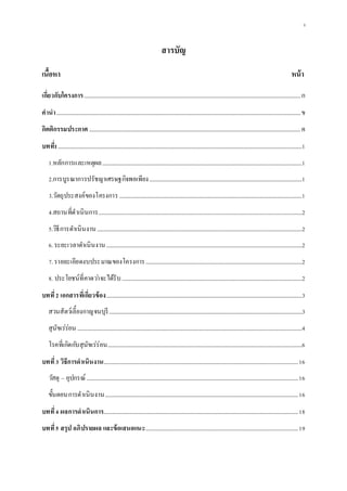 ง
สารบัญ
เนื้อหา หน้า
เกี่ยวกับโครงการ.....................................................................................................................................................................ก
คานา..........................................................................................................................................................................................ข
กิตติกรรมประกาศ .................................................................................................................................................................ค
บทที่1..........................................................................................................................................................................................1
1.หลักการและเหตุผล........................................................................................................................................................1
2.การบูรณาการปรัชญาเศรษฐกิจพอเพียง....................................................................................................................1
3.วัตถุประสงค์ของโครงการ ...........................................................................................................................................1
4.สถานที่ดาเนินการ...........................................................................................................................................................2
5.วิธีการดาเนินงาน............................................................................................................................................................2
6.ระยะเวลาดาเนินงาน.....................................................................................................................................................2
7.รายละเอียดงบประมาณของโครงการ.......................................................................................................................2
8. ประโยชน์ที่คาดว่าจะได้รับ.........................................................................................................................................2
บทที่2 เอกสารที่เกี่ยวข้อง.....................................................................................................................................................3
สวนสัตว์เลี้ยงกาญจนบุรี...................................................................................................................................................3
สุนัขเร่ร่อน ...........................................................................................................................................................................4
โรคที่เกิดกับสุนัขเร่ร่อน....................................................................................................................................................6
บทที่3 วิธีการดาเนินงาน....................................................................................................................................................16
วัสดุ – อุปกรณ์.................................................................................................................................................................16
ขั้นตอนการดาเนินงาน...................................................................................................................................................16
บทที่4 ผลการดาเนินการ....................................................................................................................................................18
บทที่5 สรุป อภิปรายผล และข้อเสนอแนะ....................................................................................................................19
 