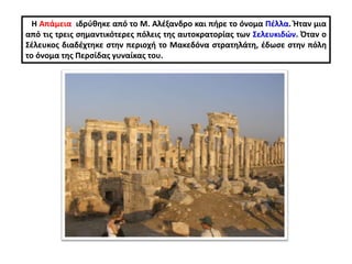 Η Απάμεια ιδρύθηκε από το Μ. Αλέξανδρο και πήρε το όνομα Πέλλα. Ήταν μια
από τις τρεις σημαντικότερες πόλεις της αυτοκρατορίας των Σελευκιδών. Όταν ο
Σέλευκος διαδέχτηκε στην περιοχή το Μακεδόνα στρατηλάτη, έδωσε στην πόλη
το όνομα της Περσίδας γυναίκας του.
 