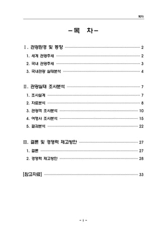 목차




               －목       차－

Ⅰ. 관광환경 및 동향 ·························· 2
             ··························
              ·························

 1. 세계 관광추세 ····························· 2
            ·····························
             ····························

 2. 국내 관광추세 ····························· 3
            ·····························
             ····························

 3. 국내관광 실태분석 ···························4
              ··························
               ··························


Ⅱ. 관광실태 조사분석 ························· 7
             ·························
              ·························

 1. 조사설계 ································ 7
         ································
          ·······························

 2. 자료분석 ································ 8
         ································
          ·······························

 3. 관광객 조사분석 ··························· 10
             ···························
              ··························

 4. 여행사 조사분석 ··························· 15
             ···························
              ··························

 5. 결과분석 ························· ······ 22
         ························· ······
          ························· ·····
                                  ·



Ⅲ. 결론 및 경쟁력 제고방안 ···················· 27
                 ····················
                  ····················

 1. 결론 ··································27
       ·································
        ············· ···················
                     ·

 2. 경쟁력 제고방안 ··························· 28
             ···························
              ··························



[참고자료] ································ 33
       ································
        ································




                    - i -
 