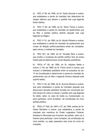 20
2) PEC nº 90, de 1995, do Sr. Paulo Gouvêa e outros,
que estabelece a perda do mandato dos detentores de
cargos eletivos que deixem o partido sob cuja legenda
foram eleitos;
3) PEC nº 60, de 1995, do Sr. Sílvio Torres e outros,
que estabelece a perda do mandato do parlamentar que
se filiar a partido político distinto daquele sob cuja
legenda se elegeu;
4) PEC nº 51, de 1995, do Sr. Murilo Pinheiro e outros,
que estabelece a perda do mandato do parlamentar que
mudar de filiação político-partidária antes de completar,
pelo menos, a metade do mandato;
5) PEC 251, de 1995, do Sr. Osvaldo Reis e outros,
que proíbe a mudança de partido político fora do prazo
fixado pela lei eleitoral para novas filiações partidárias;
6) PECs nºs
85, de 1995, do Sr. Adylson Motta e
outros, e 143, de 1999, do Sr. Freire Júnior e outros, que
incluem a fidelidade partidária entre os preceitos do art.
17 da Constituição e determinam a perda do mandato do
parlamentar que se filiar a legenda diversa daquela pela
qual foi eleito;
7) PEC nº 24, de 1999, do Sr. Eunício Oliveira e outros,
que para estabelece a perda do mandato daquele que
descumprir decisão partidária tomada em convenção por
dois terços de votos ou deixar o partido sob cuja legenda
foi eleito, salvo no caso de fusão ou incorporação, ou
para participar, como fundador, da constituição de novo
partido político;
8) PECs nºs
542, de 1997 e 27, de 1999, ambas do Sr.
César Bandeira e outros, que estabelece a perda do
mandato dos membros do Poder Legislativo Federal,
Estadual e Municipal que trocarem de partido, salvo se o
fizerem para participar, como fundador, da constituição de
novo partido, ou após passados dois anos do início do
mandato;
 