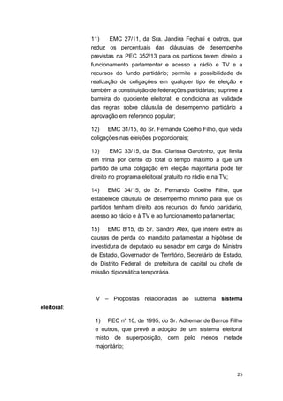 25
11) EMC 27/11, da Sra. Jandira Feghali e outros, que
reduz os percentuais das cláusulas de desempenho
previstas na PEC 352/13 para os partidos terem direito a
funcionamento parlamentar e acesso a rádio e TV e a
recursos do fundo partidário; permite a possibilidade de
realização de coligações em qualquer tipo de eleição e
também a constituição de federações partidárias; suprime a
barreira do quociente eleitoral; e condiciona as validade
das regras sobre cláusula de desempenho partidário a
aprovação em referendo popular;
12) EMC 31/15, do Sr. Fernando Coelho Filho, que veda
coligações nas eleições proporcionais;
13) EMC 33/15, da Sra. Clarissa Garotinho, que limita
em trinta por cento do total o tempo máximo a que um
partido de uma coligação em eleição majoritária pode ter
direito no programa eleitoral gratuito no rádio e na TV;
14) EMC 34/15, do Sr. Fernando Coelho Filho, que
estabelece cláusula de desempenho mínimo para que os
partidos tenham direito aos recursos do fundo partidário,
acesso ao rádio e à TV e ao funcionamento parlamentar;
15) EMC 8/15, do Sr. Sandro Alex, que insere entre as
causas de perda do mandato parlamentar a hipótese de
investidura de deputado ou senador em cargo de Ministro
de Estado, Governador de Território, Secretário de Estado,
do Distrito Federal, de prefeitura de capital ou chefe de
missão diplomática temporária.
V – Propostas relacionadas ao subtema sistema
eleitoral:
1) PEC nº 10, de 1995, do Sr. Adhemar de Barros Filho
e outros, que prevê a adoção de um sistema eleitoral
misto de superposição, com pelo menos metade
majoritário;
 