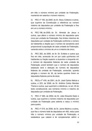 29
em três o número mínimo por unidade da Federação,
mantendo em setenta o número máximo;
3) PEC nº 195, de 2000, do Sr. Alceu Collares e outros,
que suprime da Constituição a referência ao número
máximo de deputados por unidade da Federação e fixa
em um o número mínimo;
4) PEC 196, de 2000, do Sr. Almeida de Jesus e
outros, que altera o número mínimo de deputados para
cinco por unidade da Federação, fixa limites máximos de
deputados por unidade da Federação conforme o número
de habitantes e dispõe que o número de senadores será
proporcional à população de cada unidade da Federação,
variando entre o mínimo de um e o máximo de cinco;
5) PEC 262, de 2000, do Sr. Dr. Evilásio e outros que
fixa em três, acrescido de um por cada quinhentos mil
habitantes ou fração superior a duzentos e cinquenta mil,
o número de deputados federais de cada unidade da
Federação; prevê também que o número de deputados
estaduais será o sêxtuplo do número de deputados
federais da unidade da Federação, acrescido, quando
atingido o número de 36, de tantos quantos forem os
deputados federais acima de doze;
6) PECs nºs
476, de 2001, do Sr. José Carlos Aleluia e
outros, e 223, de 2008, do Sr. Antônio Carlos Mendes
Thame e outros, que suprimem a referência, no art. 45 do
texto constitucional, aos números mínimo e máximo de
deputados por unidade da Federação;
7) PEC nº 485, de 2002, do Sr. João Eduardo Dado e
outros, que suprime o número máximo de deputados por
unidade da Federação para setenta e reduz o mínimo
para quatro;
8) PEC nº 519, de 2006, do Sr. Jaime Martins e outros,
que fixa o número total de deputados em 450, reduz para
três o número mínimo por unidade da Federação, e
estabelece que caberá à lei complementar definir a
 