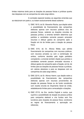 31
limites máximos tanto para as doações de pessoas físicas e jurídicas quanto
das despesas com as campanhas de cada cargo eletivo.
A comissão especial recebeu as seguintes emendas que
se relacionam em parte a, ou tratam exclusivamente desse subtema:
1) EMC 18/15, do Sr. Weverton Rocha, que dispõe sobre
a possibilidade de financiamento das campanhas
eleitorais apenas com recursos públicos e/ou de
pessoas físicas, vedando as doações oriundas de
pessoas jurídica; a emenda também determina que
partidos e candidatos somente possam arrecadar
recursos e efetuar gastos de campanha após a
fixação em lei de limites para a doação de pessoa
física;
2) EMC 5/15, do Sr. Afonso Motta, que admite
financiamento de campanhas com recursos públicos,
com recursos privados ou com a combinação de
ambos, conforme decidido pelo órgão partidário
competente; a emenda também dispõe que partidos e
candidatos somente possam arrecadar recursos e
efetuar gastos de campanha após a fixação, em lei, de
limites para as doações de pessoas físicas e jurídicas,
em valores absolutos e para as despesas com as
campanhas de cada cargo eletivo;
3) EMC 22/15, do Sr. Afonso Hamm, que dispõe sobre a
possibilidade de financiamento das campanhas
eleitorais apenas com recursos provenientes de
doação de pessoas físicas ou de fundo constituído
com receita oriunda do Orçamento Geral da União,
estabelecendo limites para a arrecadação e doações;
4) EMC 27/15, da Sra. Jandira Feghali e outros, que
suprime a possibilidade de doação de pessoa jurídica
para campanha eleitoral e cria fundos sem fins
lucrativos para doações de pessoa física; condiciona
as regras de financiamento a aprovação em
referendo;
 