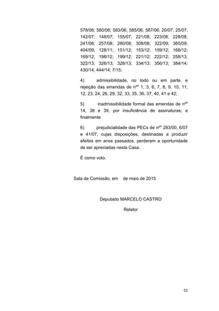 55
578/06; 580/06; 583/06; 585/06; 587/06; 20/07; 25/07;
142/07; 148/07; 155/07; 221/08; 223/08; 228/08;
241/08; 257/08; 280/08; 308/08; 322/09; 365/09;
404/09; 128/11; 151/12; 153/12; 159/12; 168/12;
169/12; 198/12; 199/12; 221/12; 222/12; 258/13;
322/13; 326/13; 328/13; 334/13; 356/13; 384/14;
430/14; 444/14; 7/15;
4) admissibilidade, no todo ou em parte, e
rejeição das emendas de nºs
1, 3, 6, 7, 8, 9, 10, 11,
12, 23, 24, 26, 29, 32, 33, 35, 36, 37, 40, 41 e 42;
5) inadmissibilidade formal das emendas de nºs
14, 38 e 39, por insuficiência de assinaturas; e
finalmente
6) prejudicialidade das PECs de nºs
283/00, 6/07
e 41/07, cujas disposições, destinadas a produzir
efeitos em anos passados, perderam a oportunidade
de ser apreciadas nesta Casa.
É como voto.
Sala da Comissão, em de maio de 2015
Deputado MARCELO CASTRO
Relator
 