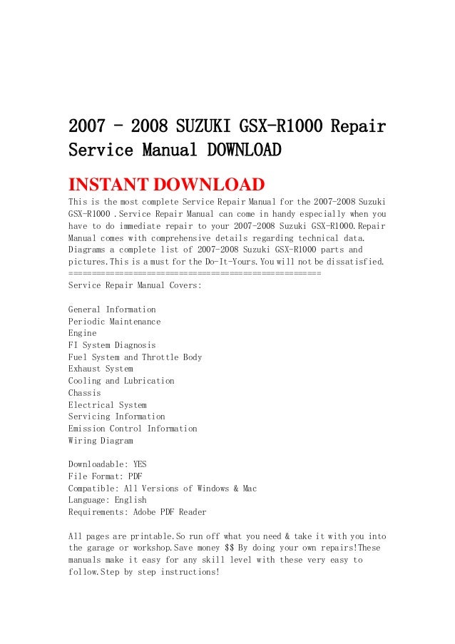 07 08 Suzuki Gsx R1000 Repair Service Manual Download