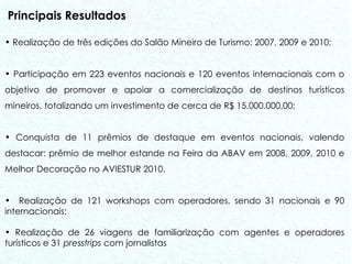 Principais Resultados Realização de três edições do Salão Mineiro de Turismo: 2007, 2009 e 2010; Participação em 223 eventos nacionais e 120 eventos internacionais com o objetivo de promover e apoiar a comercialização de destinos turísticos mineiros, totalizando um investimento de cerca de R$ 15.000.000,00;  Conquista de 11 prêmios de destaque em eventos nacionais, valendo destacar: prêmio de melhor estande na Feira da ABAV em 2008, 2009, 2010 e Melhor Decoração no AVIESTUR 2010. Realização de 121 workshops com operadores, sendo 31 nacionais e 90 internacionais; Realização de 26 viagens de familiarização com agentes e operadores turísticos e 31  presstrips  com jornalistas 