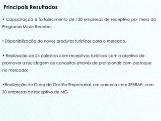 Principais Resultados Capacitação e fortalecimento de 130 empresas de receptivo por meio do  Programa Minas Recebe; Disponibilização de novos produtos turísticos para o mercado, Realização de 24 palestras com receptivos turísticos com o objetivo de  promover a reciclagem de conceitos através de profissionais com destaque no mercado; Realização de Curso de Gestão Empresarial, em parceria com SEBRAE, com 30 empresas de receptivo de MG 