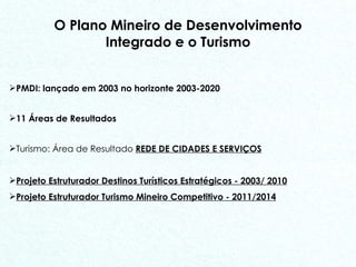 O Plano Mineiro de Desenvolvimento Integrado e o Turismo PMDI: lançado em 2003 no horizonte 2003-2020 11 Áreas de Resultados Turismo: Área de Resultado  REDE DE CIDADES E SERVIÇOS Projeto Estruturador Destinos Turísticos Estratégicos - 2003/ 2010 Projeto Estruturador Turismo Mineiro Competitivo - 2011/2014 