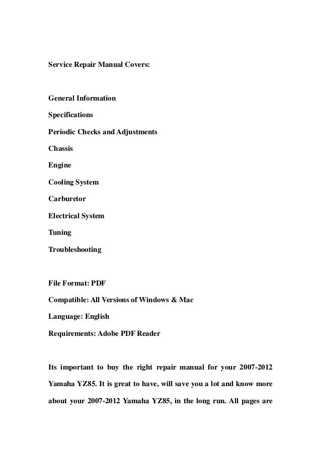 2007 2012 yamaha yz85 service repair workshop manual download (2007 2…