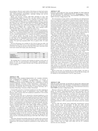poor prognosis. However, prior studies of this disease are dated and contain
small numbers of patients. The purpose of this study was to describe clinical
signs, clinicopathologic abnormalities, radiologic findings and survival
outcomes in dogs with GI LSA.
Biopsy and necropsy records (1998–2005) identified 62 dogs with
a histopathologic diagnosis of GI LSA, and their medical records were
evaluated retrospectively. Diagnosis was confirmed via necropsy (32/62,
52%), endoscopic biopsy (17/62, 27%), surgical biopsy (12/62, 19%) or tru-
cut biopsy (1/62, 2%). Affected areas included duodenum (30 dogs), jejunum
(29), stomach (24), ileum (17) and colon (13). Twenty-eight breeds were
represented and there was a slight male predisposition (39/62, 63%). Median
age at time of diagnosis was 7.3 years (range 1.5–14.5). Clinical signs
included anorexia (55/62, 89%), vomiting (52/62, 84%), lethargy (47/62,
76%), diarrhea (46/62, 74%), and weight loss (41/61, 67%).
Hematologic abnormalities included anemia (25/55, 45%) and leukocyto-
sis (30/55, 55%). Serum biochemistry analyses revealed hypoalbuminemia
(38/53, 72%), hypocholesterolemia (23/53, 43%) and hypoglobulinemia (15/
53, 28%). Ionized hypocalcemia (,1.1 mmol/l) was present in 17 of 52 dogs
(33%) and no patient was found to have an ionized hypercalcemia
(.1.4 mmol/l). Thoracic radiographs showed evidence of lympadenopathy
in 4/43 dogs (9.3%). Abdominal ultrasound (n544) revealed abdominal
lymphadenopathy (33/44, 75%), diffuse gastric and/or intestinal thickening
(33/44, 75%) and focal intestinal (6/44, 14%) or gastric (1/44, 2%) mass
lesions.
Survival information was available for 60 of the 62 dogs (see table). All
non-survivors died (5/60, 8.3%) or were euthanized (53/60, 88%) as a result
of GI LSA. Two dogs are still alive at the time of this study. Each had a focal
rectal mass treated with surgery plus chemotherapy.
We conclude that: (1) anorexia and vomiting are present in most cases of
canine GI LSA; (2) gastrointestinal ultrasonographic abnormalities are
present in many cases of canine GI LSA; and (3) dogs with GI LSA have
a poor prognosis.
ABSTRACT #286
ISOLATION AND CHARACTERIZATION OF CANINE INTESTI-
NAL LYMPHOCYTE SUBSETS. N Luckschander1,2
, N Corazza1
, I
Burgener2
, P Moore3
, A Zurbriggen4
, JW Blum5
, T Brunner1
. 1. Division
of Immunopathology, Institute of Pathology and 2. Department of Clinical
Veterinary Medicine, University of Bern, Switzerland. 3. Department of
Pathology, Microbiology and Immunology, School of Veterinary Medicine,
University of California, Davis 4. Institute of Animal Neurology and 5.
Veterinary Physiology, University of Bern, Switzerland.
Uncontrolled activation of intestinal lymphocytes has been suggested as
one of the underlying reasons of inflammatory bowel disease (IBD).
However, little is known about the lymphocyte populations in the normal
and diseased canine gut.
The aim of this study was to characterize intestinal lymphocyte in the
intestinal epithelial layer (EL) and the lamina propria (LP) in the different
sections of the intestine (small bowel (SB) and large bowel (LB)) of normal
healthy dogs. Tissue samples were obtained from 9 adult beagle dogs (mean
age 8.262.1 years) in order to reduce the heterogenicity due to differences in
breeds. T cell populations and distributions were phenotypically character-
ized by immunohistochemistry and flow cytometry using T cell-specific
markers, including CD45, CD3, CD4, CD8a, CD8b, TCRab and TCRcd.
Results indicate that there are significant differences (p,0.05) in the
distribution of lymphocyte subsets between the EL of SB and LB
(horizontal), and between the EL and the LP in the SB and LB (vertical).
Horizontally, CD4+
TCRab+
and CD42
CD82
TCRcd+
T cells predominated
in the EL of the SB whereas CD8a+
TCRab+
and CD8a+
TCRcd+
were found
in increased numbers in the EL of the LB. Vertically, CD3+
TCRab+
and
CD4+
TCRab+
lymphocytes predominated in the LP of the SB and the LB,
while in the EL of the SB and the LB more CD3+
CD82
CD42
TCRcd+
were
found.
These data obtained from healthy dogs give first insight in the vertical and
horizontal composition of the intestinal immune cells and will allow future
comparisons with intestinal lymphocyte populations in dogs suffering from
IBD.
ABSTRACT #287
KINETIC ANALYSIS OF FIVE SUGAR PROBES IN DOG SERUM
AFTER OROGASTRIC ADMINISTRATION. FH Rodriguez, N Bergh-
off, JS Suchodolski, and JM Steiner. Gastrointestinal Laboratory, Texas
AM University, College Station, TX.
The measurement of sugar probes in urine following oral administration
serves as a method for the evaluation of intestinal barrier integrity. However,
timed urine collection is difficult to perform in private practice. An easier
protocol based on the analysis of blood samples would be preferable. Probes
commonly used include lactulose (L) and rhamnose (R) for the assessment of
intestinal permeability, xylose (X) and 3-O-methylglucose (M) for evaluation
of intestinal absorptive capacity, and sucrose (S) for determination of gastric
permeability. These sugar probes cross the intestinal mucosa via the
transcellular and/or paracellular pathway, using active and passive mechan-
isms of absorption and permeation. The aim of this study was to assess the
kinetics of these sugar probes in serum after orogastric administration in
dogs and to determine the optimal time point for sample collection.
Depending on their body weight, eight healthy dogs received either 100,
200, or 400 ml of a solution containing L (10 g/L), R (10 g/L), 3 (10 g/L), M
(5 g/L), and S (40 g/L) by orogastric intubation. Baseline blood samples
were collected from the dogs before administration of the sugar solution.
Subsequent blood samples were taken at 30, 60, 90, 120, 180, 240, 300, 360,
420, 480, 720, and 1440 minutes after administration of the sugar solution.
Serum samples were derivatized, assayed by a recently developed and
analytically validated gas chromatography-mass spectrometry (GC-MS)
method, and quantified using an internal standard. Serum concentrations of
all sugars and at all time points were analyzed using a Friedman test with
Dunn’s multiple comparison post test. Variation of the mean sugar
concentrations of all dogs at 90, 120 and 180 minutes was analyzed using
a Kruskal-Wallis test. Statistical significance set at a p-value ,0.05.
Significant changes in serum concentrations of all 5 sugars were detected
after administration of the test dose (p,0.0001 for all 5 probes). Serum
concentrations of L and R were significantly different from the baseline at
60, 90, 120, 180, 240, and 300 min post dosing, and those of X, M, and S
were different at 30, 60, 90, 120, 180, and 240 min post dosing (p,0.05 for
all 5 probes). Maximum concentrations of L and R were obtained at 180 min
(means6SD: 8.862.6 and 35.664.0 mg/L, respectively), while X, M, and S
reached their peak concentrations at 90 min post dosing (means6SD:
224.0672.6, 214.8680.7, and 4.161.7 mg/L, respectively). For all of the 5
sugar probes, no statistically significant differences were found between
concentrations measured at 90, 120, and 180 min time points or between the
coefficients of variation (%CV) of the mean concentrations for those 3 time
points.
Based on these data, we conclude that two blood samples, one taken at
baseline and a second sample obtained between 90 and 180 after dosing, will
be sufficient for the determination of all five sugars probes.
ABSTRACT #288
SERUM LIVER ENZYME ACTIVITIES IN HEALTHY MINIATURE
SCHAUZERS WITH AND WITHOUT HYPERTRIGLYCERIDEMIA.
PG Xenoulis, JS Suchodolski, and JM Steiner. Gastrointestinal Laboratory,
Texas AM University, College Station, TX.
Miniature Schnauzers (MS) have a high prevalence of hypertriglycer-
idemia. In humans, hypertriglyceridemia has been associated with the
development of nonalcoholic fatty liver disease (NAFLD). Most humans
with NAFLD remain asymptomatic, and many have only elevated serum
liver enzyme activities as the initial manifestation of NAFLD. Studies
investigating a possible association between hypertriglyceridemia, elevated
serum liver enzyme activities, and liver disease in dogs have not been
published. Thus, the objective of this study was to evaluate whether
hypertriglyceridemia in MS is associated with elevated serum liver enzyme
activities.
Sixty-five MS with normal serum triglyceride concentrations (control
group; reference range: 26–108 mg/dL), 20 MS with mildly elevated
concentrations (group 1; 109–400 mg/dL), and 20 MS with moderately to
severely elevated concentrations (group 2; .400 mg/dL) were enrolled into
this study. Samples were collected after food had been withheld for at least
12 hours. All dogs had to be free of clinical signs of disease of any kind for at
least 3 months prior to blood collection, have no history of a chronic
disease, and not be receiving any medications likely to affect lipid
metabolism. Samples were analyzed for serum ALP, ALT, AST, and GGT
activities. Median ALP, ALT, AST, and GGT activities were compared
among groups using a Kruskal-Wallis test, followed by a Dunn’s multiple
comparison test. The proportions of MS with serum ALP, ALT, AST, and
GGT activities above the reference ranges were compared between groups
using a Fisher’s exact test. Odds ratios (OR) with the 95% confidence
intervals were also calculated.
2007 ACVIM Abstracts 651
 