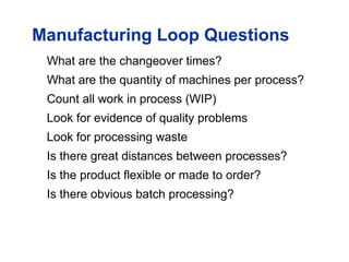 Manufacturing Loop Questions
What are the changeover times?
What are the quantity of machines per process?
Count all work in process (WIP)
Look for evidence of quality problems
Look for processing waste
Is there great distances between processes?
Is the product flexible or made to order?
Is there obvious batch processing?
 