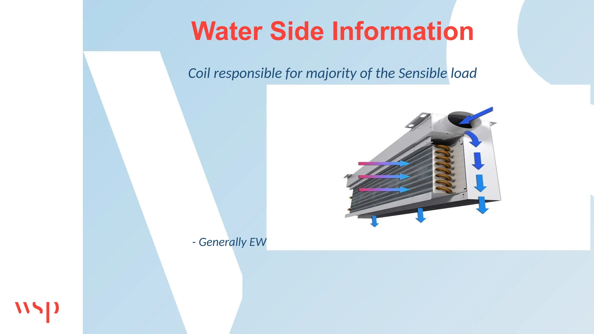 Water Side Information
Coil responsible for majority of the Sensible load
- Cooling and heating
Design requirements
- Water flowrate
- Temperatures(EWT, LWT)
- Generally EWT= 1 to 2 deg above SPACE dew point temperature
 