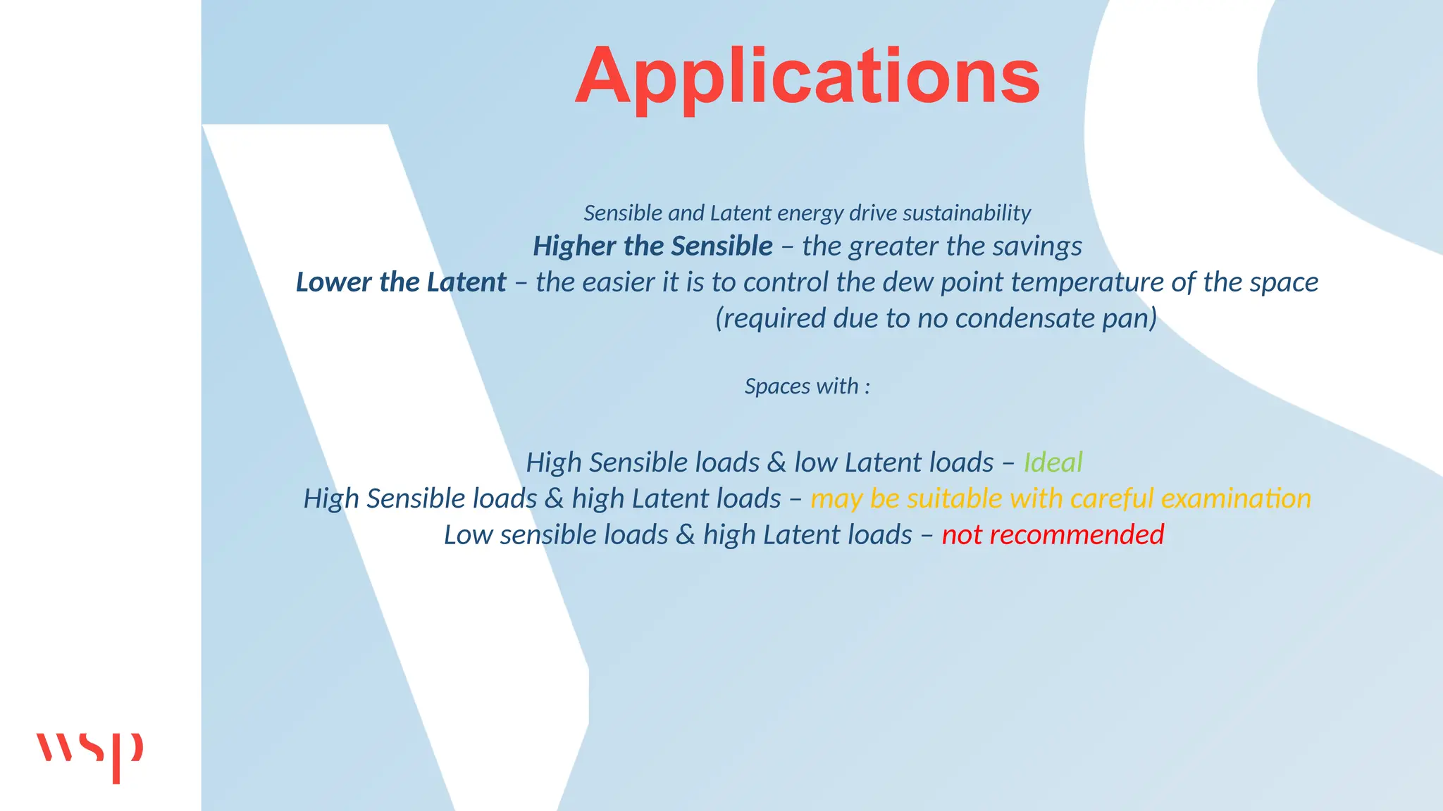 Applications
Sensible and Latent energy drive sustainability
Higher the Sensible – the greater the savings
Lower the Latent – the easier it is to control the dew point temperature of the space
(required due to no condensate pan)
Spaces with :
High Sensible loads & low Latent loads – Ideal
High Sensible loads & high Latent loads – may be suitable with careful examination
Low sensible loads & high Latent loads – not recommended
 