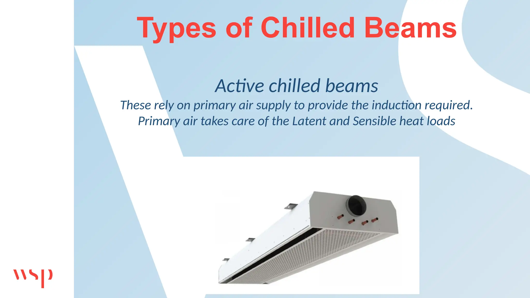 Types of Chilled Beams
Active chilled beams
These rely on primary air supply to provide the induction required.
Primary air takes care of the Latent and Sensible heat loads
 